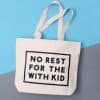 Reusable tote bag with bold printed message on blue and gray background.