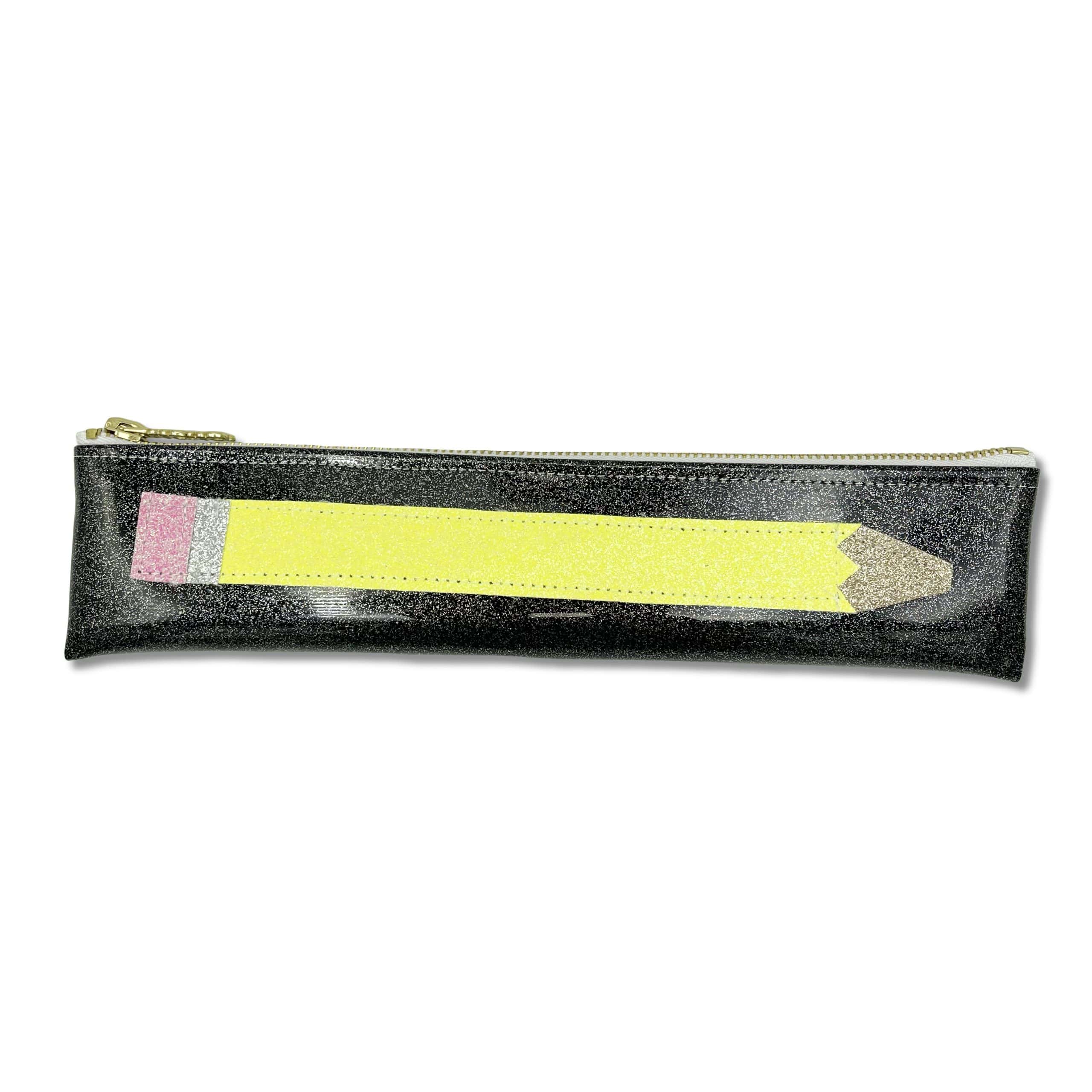 Bright yellow pencil zipper pouch with glittery black background, fun stationary design, perfect for school supplies, makeup, or accessories, by The Wraperie.