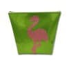 Pink glitter flamingo logo on a bright green cosmetic pouch, perfect for beauty and makeup accessories. Featured on The Wraperie's collection of stylish, colorful, and functional pouches for all your travel needs.