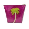 Bright pink cosmetic bag with a glittery green palm tree design, perfect for travel or organization. Made from glossy material, featuring a gold zipper for secure closure. Ideal for storing beauty essentials.