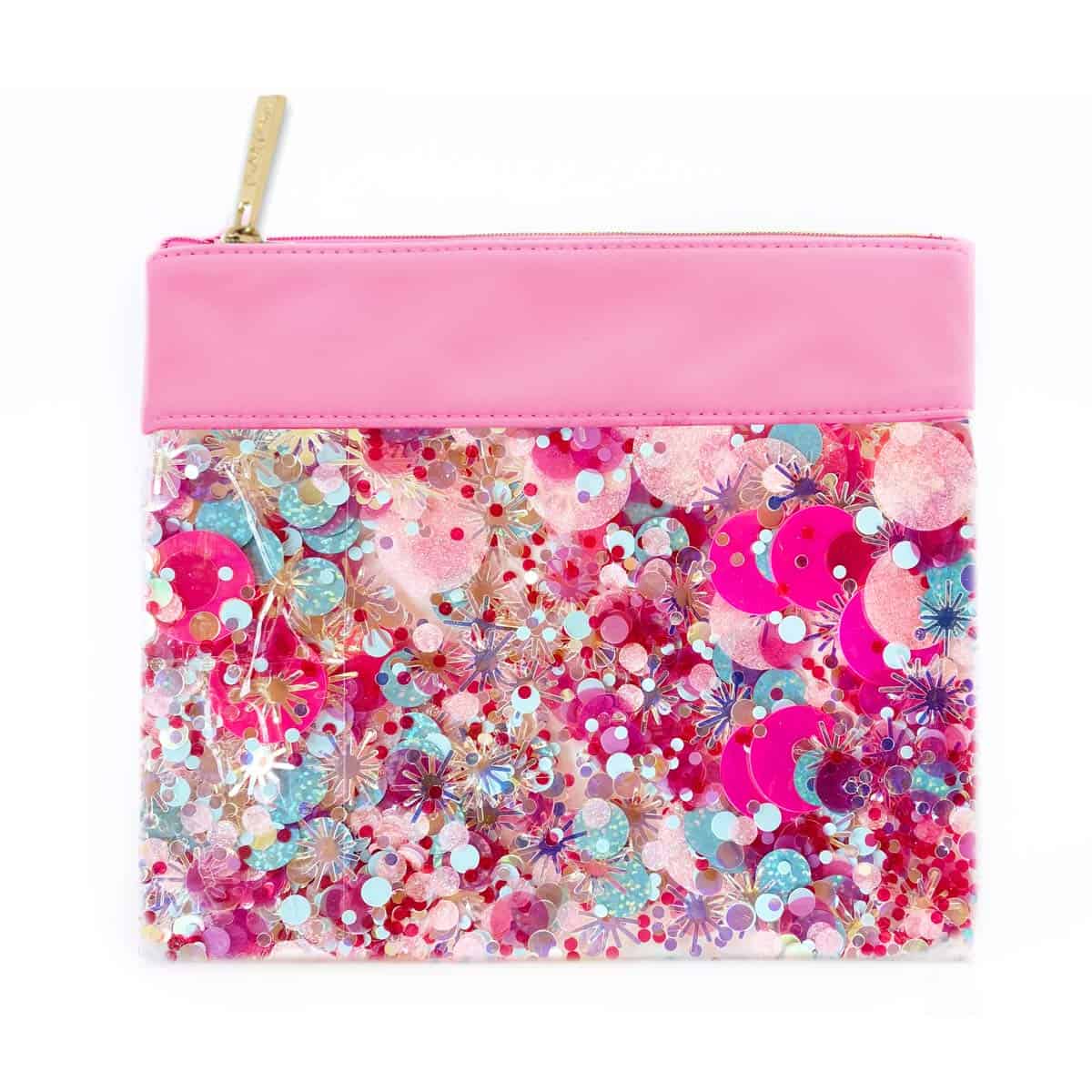 Pink glitter confetti makeup bag with pink leather top zipper pouch for cosmetics or accessories.