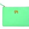 Bright neon green clutch with a gold elephant logo, zipper closure, and wrist strap. Perfect for stylish occasions, combining functionality with trendy design from The Wraperie.