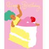 Girl on top of slice of cake card