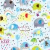 Colorful baby shower wrapping paper with cheerful elephants, rainbows, clouds, and playful phrases "Baby Boy" and "Hello Baby" in a whimsical and vibrant design.