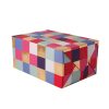Colorful checkered wrapping paper box from The Wraperie, perfect for gift packaging with vibrant, geometric designs.