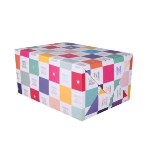Vibrant wrapped gift box with colorful checkered pattern and playful "Like a Unicorn" and star motifs, perfect for birthdays, celebrations, or special occasions.