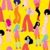Vibrant illustration of diverse women dancing and enjoying themselves at The Wraperie, showcasing fun, lively atmosphere, and stylish fashion, perfect for promoting trendy wrap food and social events.
