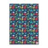 Vibrant dinosaur-themed wrapping paper featuring colorful cartoon dinosaurs, playful words like "Roar" and "Boom," and fun patterns, perfect for kids' birthdays and celebrations.