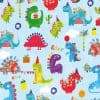 Dinosaurs cartoon pattern, colorful, whimsical design for kids, fun prehistoric animals, playful dinosaur illustrations, childrens fabric or wallpaper, vibrant Jurassic theme, The Wraperie.
