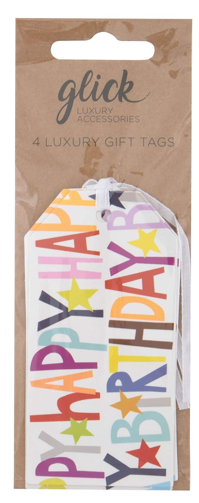 Colorful luxury gift tags with "Happy Birthday" text, presented on a gift card. Perfect for adding a vibrant touch to birthday presents and celebrations. High-quality, stylish accessories for special occasions.