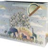 Colorful baby gift box with elephant, giraffe, and unicorn illustrations, pastel sky background, and glitter accents, perfect for celebrating a new arrival, from The Wraperie.