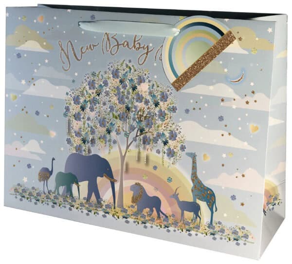 Colorful baby gift box with elephant, giraffe, and unicorn illustrations, pastel sky background, and glitter accents, perfect for celebrating a new arrival, from The Wraperie.