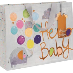 Colorful baby gift bag with elephant and balloons, perfect for baby showers and newborn celebrations. Featuring cheerful design and high-quality printing for memorable gifting.