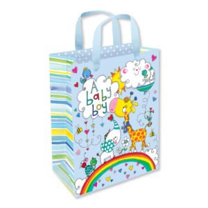 Colorful baby shower gift bag with cute animal and rainbow design, perfect for baby boy celebrations and gender reveal parties. Bright, cheerful, and kid-friendly packaging.