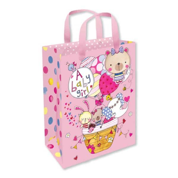 Whimsical baby girl-themed gift bag with colorful animal illustrations and "Baby Girl" text, perfect for baby showers, christenings, or newborn presents. Bright pink design with playful characters and polka dots.