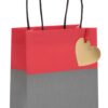 Red and gray gift bag with black handles and gold heart tag, perfect for special occasions and gift wrapping from The Wraperie.