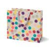 Vibrant polka dot patterned gift bag with sturdy ribbon handles, perfect for parties, celebrations, and gift wrapping. Bright, colorful, and stylish, ideal for special occasions and gifting needs.