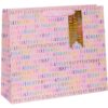HAPPY BIRTHDAY gift bag with colorful "HAPPY BIRTHDAY" text in various colors and fonts, perfect for birthday celebrations and party supplies.