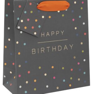 Colorful birthday gift bag with polka dots and orange ribbon handle, ideal for celebrating special occasions and adding a festive touch to birthday presents.