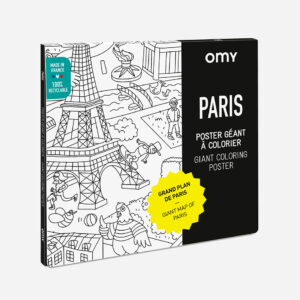 Coloring poster of Paris featuring the Eiffel Tower and landmarks, designed for children to color, with a giant map of Paris on the cover.