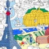 Eiffel Tower illustration with playful city scene, featuring colorful landmarks, animated characters, and diverse elements representing Paris in a whimsical, engaging style.