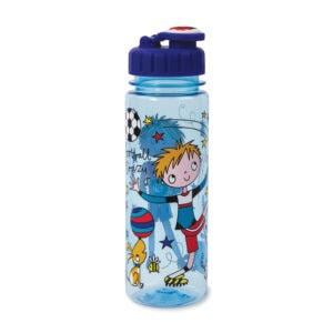 Colorful kids' water bottle featuring a cartoon soccer boy, playful stars, and animals, perfect for children's hydration needs and sports activities at The Wraperie.