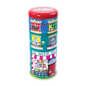Colorful decorative jar designed like a whimsical candy shop, "The Sweetie Jar," with vibrant illustrations of sweets, storefronts, and bunting, perfect for candy storage or decor.