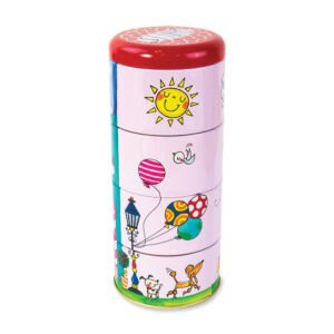 Colorful stackable lunch containers with playful cartoon designs, perfect for kids to enjoy meals and snacks. Bright and cheerful, featuring sun, balloons, and animal illustrations for a fun dining experience.