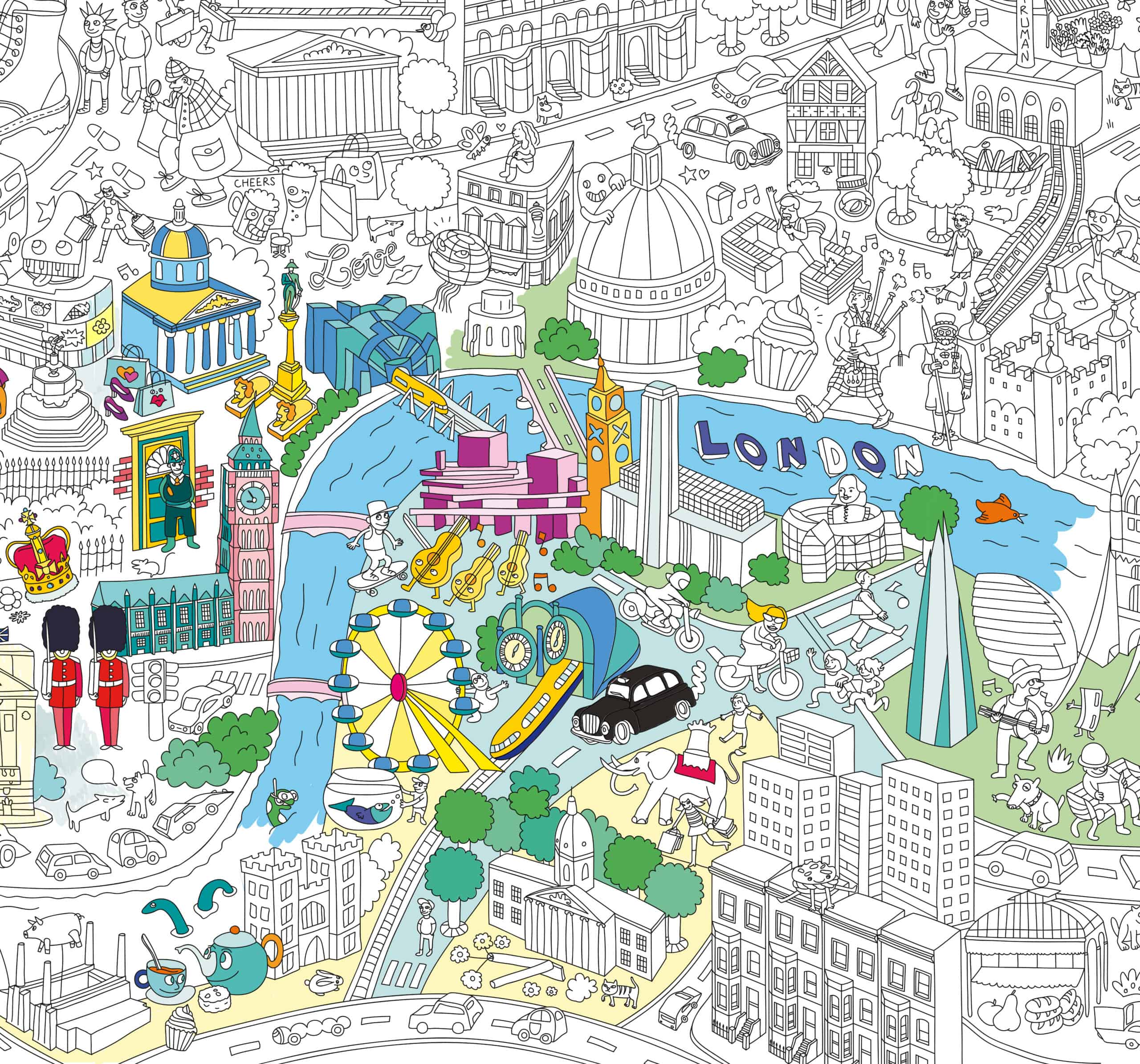 Colorful illustration of a lively London cityscape with famous landmarks, attractions, and activities representing The Wraperie, highlighting vibrant and playful elements.