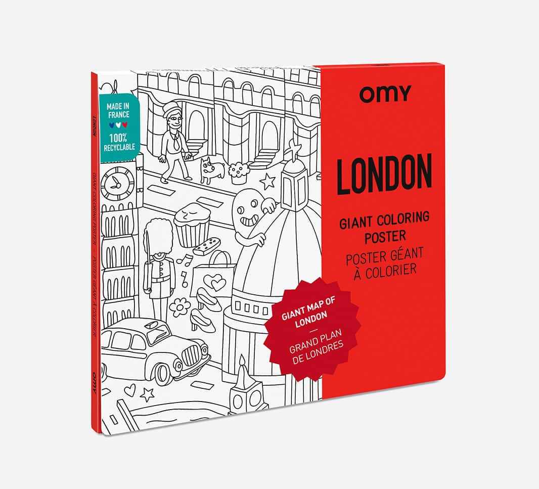 Coloring poster of London landmarks with illustrated streets, famous sights, and characters, designed for kids to color and learn about London. Made in France, 100% recyclable.