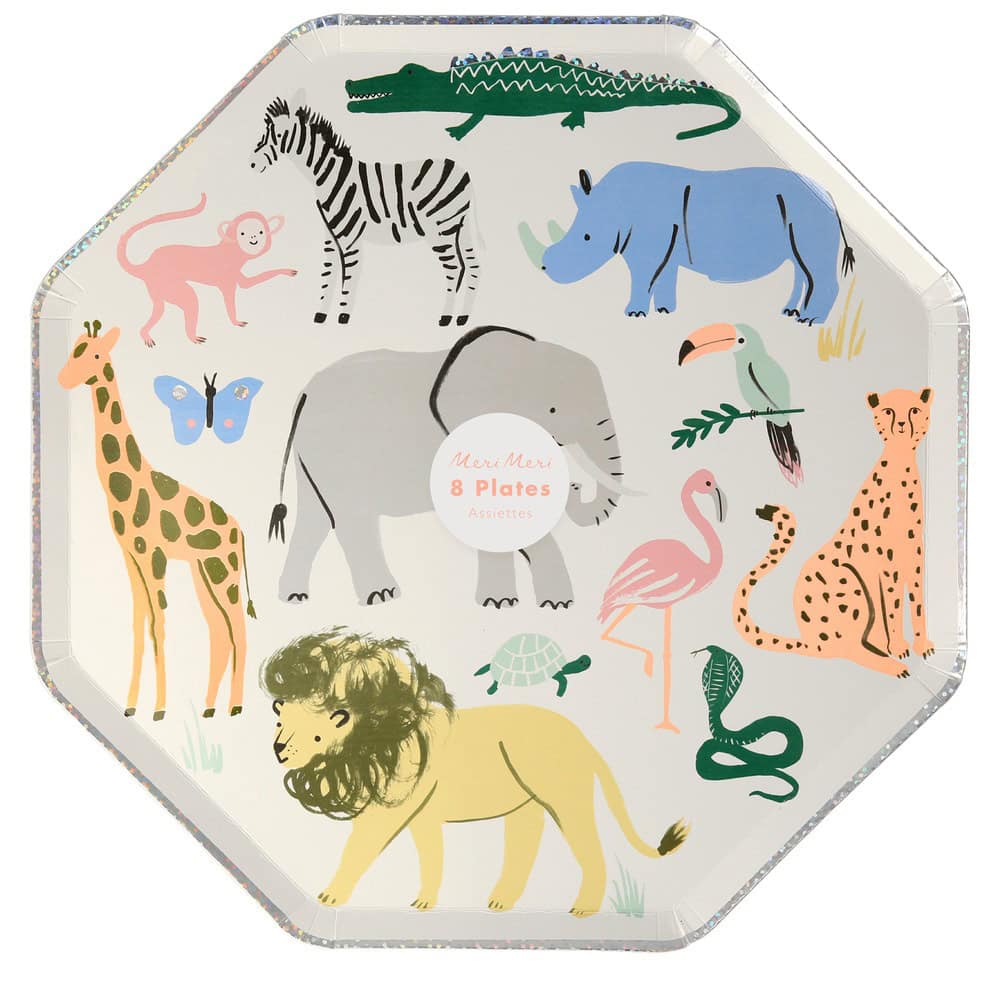 Vibrant animal-themed serving plates featuring hand-drawn illustrations of jungle animals, perfect for kids' parties and events, made by The Wraperie.