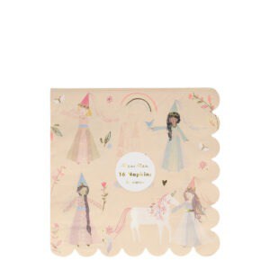 Colorful children’s napkin set featuring whimsical princess and unicorn illustrations, ideal for parties and kids' celebrations. Perfectly themed for magical and fairy-tale birthday events.
