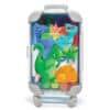 Colorful dinosaur-themed markers and stickers in a transparent storage case.