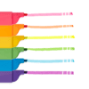 Marker highlighters in vibrant pink, orange, yellow, green, blue, and purple colors with matching ink stripes, ideal for creative highlighting and note-taking.
