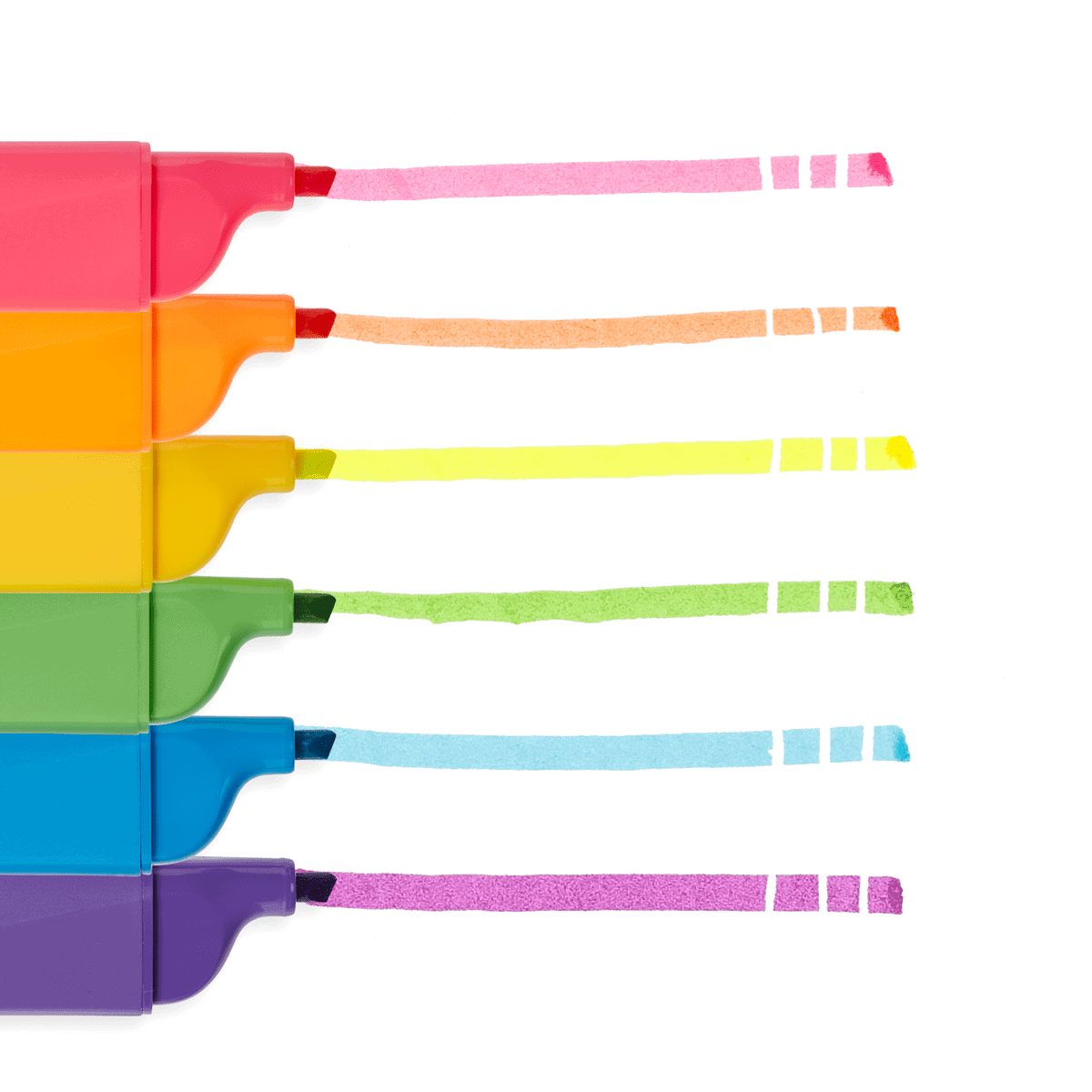 Marker highlighters in vibrant pink, orange, yellow, green, blue, and purple colors with matching ink stripes, ideal for creative highlighting and note-taking.