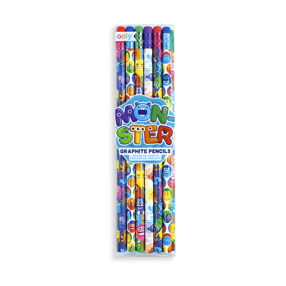 Brightly colored monster-themed graphite pencils in fun packaging, ideal for kids' school supplies and art projects. Perfect for inspiring creativity with playful monster designs.