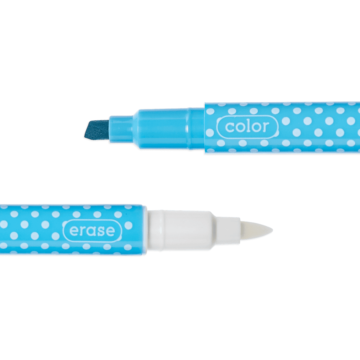 Markers with erasable ink pens for customizable writing and coloring, featuring a blue polka dot design, ideal for arts, crafts, and school projects. Perfect for kids and adults.