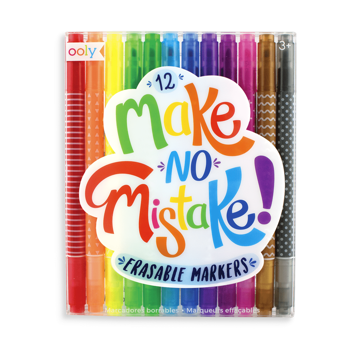 Bright set of colorful erasable markers with fun, vibrant packaging for creative writing, highlighting the design of "Make No Mistake" markers from The Wraperie.