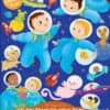 Colorful space-themed children’s activity book featuring kids and animals in astronaut suits, space rockets, and stars, with reusable stickers for creative fun and learning about space exploration and animals.