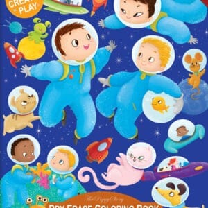 Colorful space-themed children’s activity book featuring kids and animals in astronaut suits, space rockets, and stars, with reusable stickers for creative fun and learning about space exploration and animals.