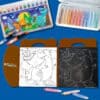 Colorful dinosaur-themed glitter doodle coloring pages and art supplies for kids at The Wraperie. Fun, creative activity for children to explore imagination through coloring.
