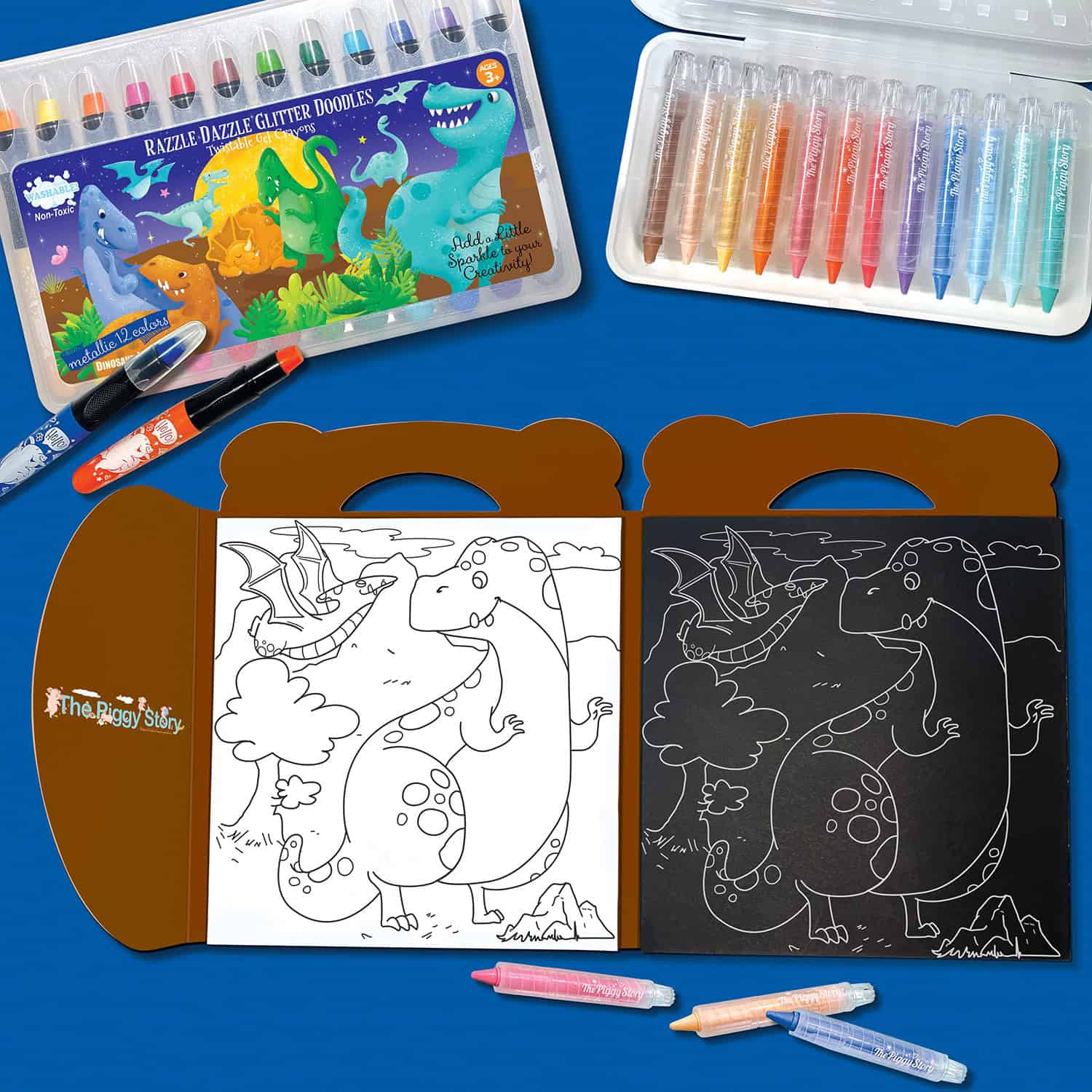 Colorful dinosaur-themed glitter doodle coloring pages and art supplies for kids at The Wraperie. Fun, creative activity for children to explore imagination through coloring.