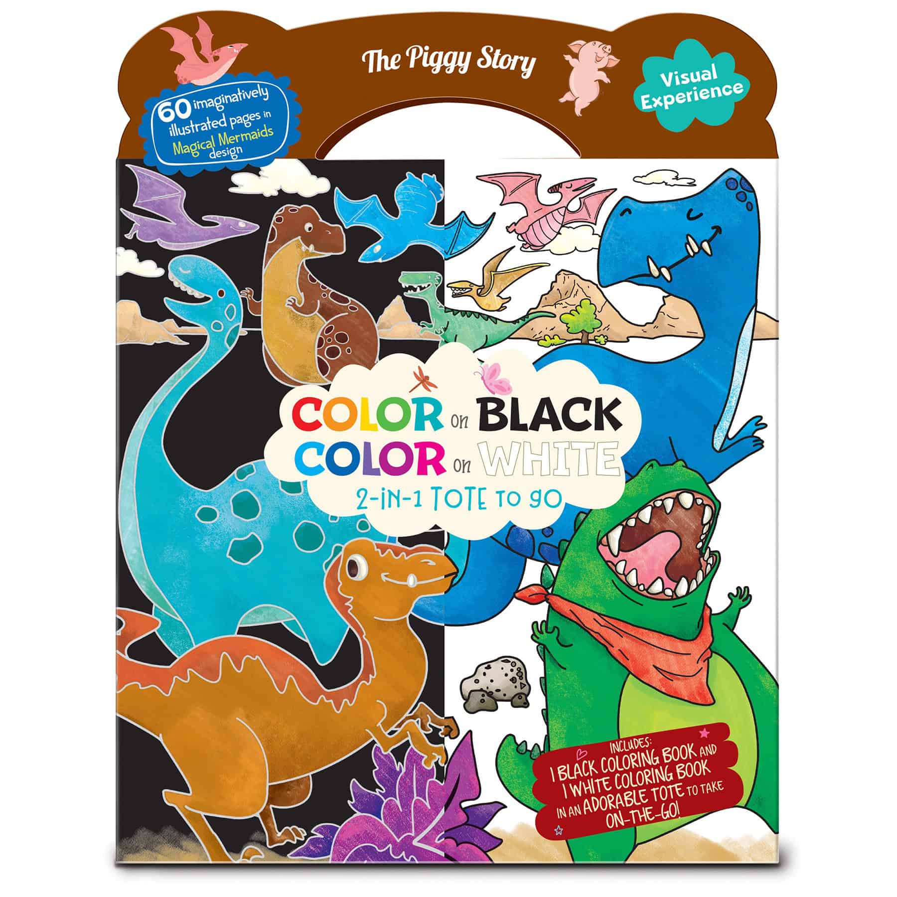 Color on black and color on white 2-in-1 kids' tote with illustrated dinosaur characters and playful designs for creative coloring activities.