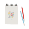 Colorful doodle art on a spiral notepad with markers, showcasing creative design and artistic inspiration. Perfect for brainstorming, sketching, or note-taking in a vibrant, playful style.