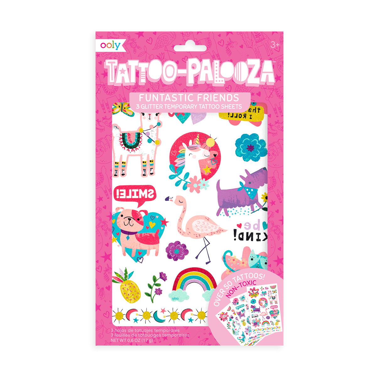 Colorful unicorn, rainbow, flamingo, and animal-themed temporary tattoo sheets for kids, featuring fun, non-toxic designs perfect for children’s activity and party use.