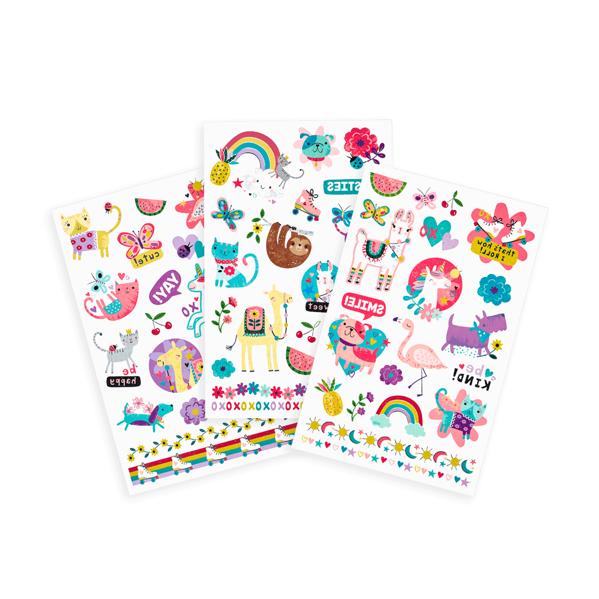 Colorful kawaii-style animal stickers featuring unicorns, cats, llamas, flamingos, and rainbows, perfect for decorating notebooks, laptops, and personal items, ideal for kids and teens.