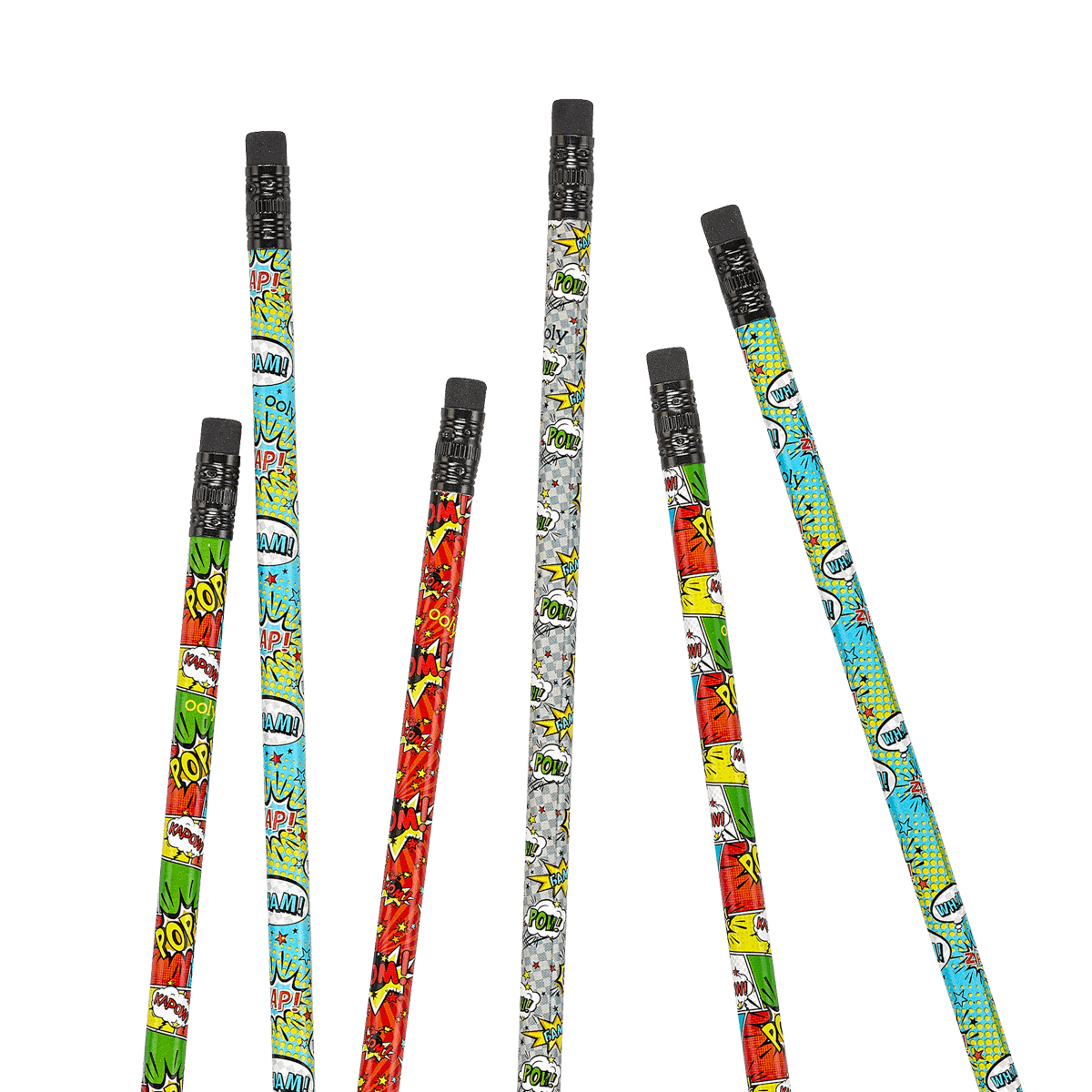Colorful comic book style pens with superhero-themed designs on the barrels, ideal for creative writing, drawing, or superhero fans.