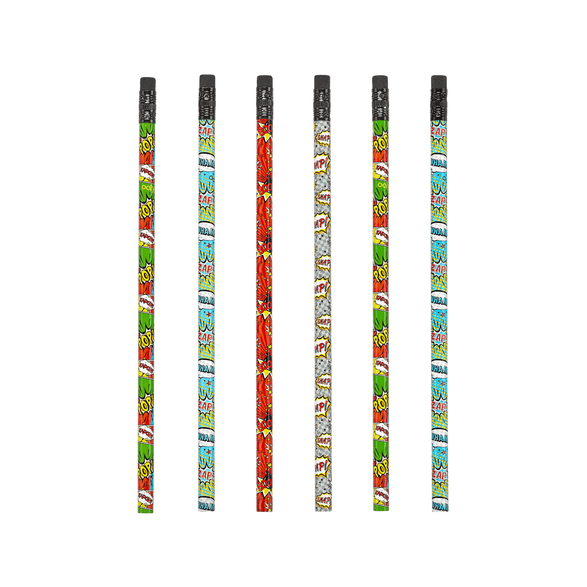 Colorful comic-themed pens with pop art designs, featuring words like "POW," "BOOM," and "ZAP" in vibrant hues, perfect for kids and enthusiasts.