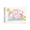 Colorful crayon drawing of a pink elephant holding a blue flower, with a shining sun in the background, created on a spiral sketchpad. Perfect for kids' art and creative activities.