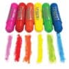 Bright set of colorful chalk markers in pink, red, orange, yellow, green, and blue with vivid chalk swatches beneath each for arts, crafts, and creative projects.